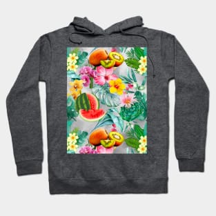 Vibrant tropical leaves pattern, watermelon illustration, tropical plants, grey colorful tropical fruits Hoodie